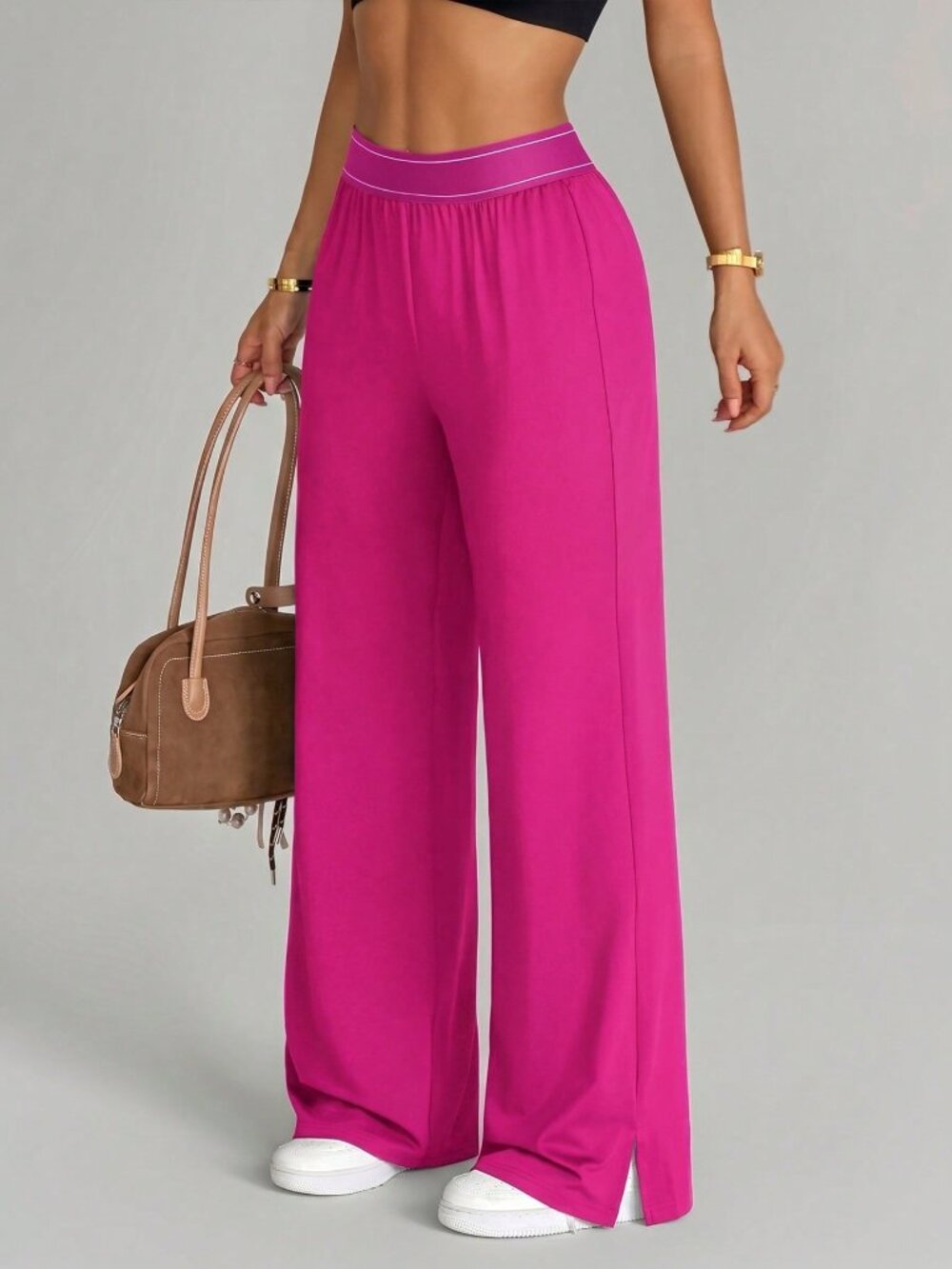 Hot Pink Casual Women's Elastic Waist Pocket Plain Wide Leg Long Pants